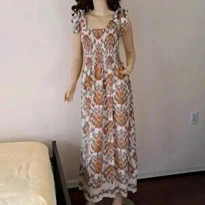 DRESS Max Studio Tie Strap Smocked Large Cream/Orange Paisley Wallpaper